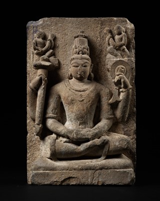 Lot 631 - A RARE SEATED FIGURE OF VISHNU YOGASANA AS THE GREAT PRESERVER, UTTAR PRADESH, 10TH-11TH CENTURY