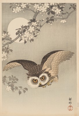 Lot 351 - OHARA KOSON: SCOPS OWL IN FLIGHT, CHERRY BLOSSOMS AND FULL MOON