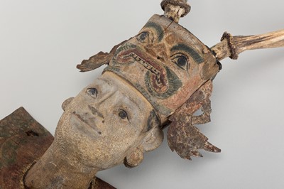 Lot 1518 - A BURMESE WOOD NAT HEAD WITH ANTLER HEADDRESS, 19TH CENTURY