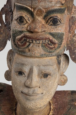 Lot 1518 - A BURMESE WOOD NAT HEAD WITH ANTLER HEADDRESS, 19TH CENTURY