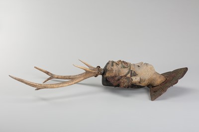 Lot 1518 - A BURMESE WOOD NAT HEAD WITH ANTLER HEADDRESS, 19TH CENTURY