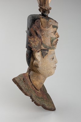 Lot 1518 - A BURMESE WOOD NAT HEAD WITH ANTLER HEADDRESS, 19TH CENTURY