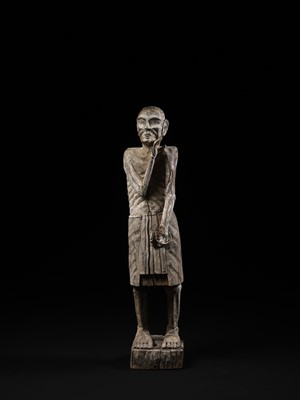 Lot 394 - A BURMESE PAINTED WOOD FIGURE OF AN OLD MAN, 19TH CENTURY