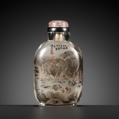 Lot 481 - AN INSIDE-PAINTED GLASS ‘RIVERSCAPE AT NIGHT’ SNUFF BOTTLE BY GUI XIANGGU, DATED 1895