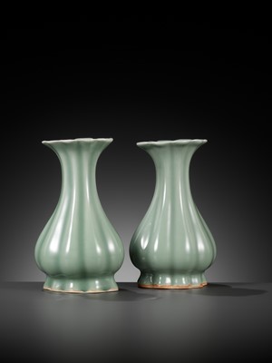 Lot 518 - A PAIR OF LOBED LONGQUAN CELADON VASES, MING DYNASTY