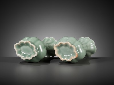 Lot 518 - A PAIR OF LOBED LONGQUAN CELADON VASES, MING DYNASTY