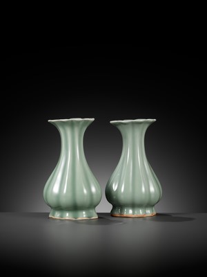 Lot 518 - A PAIR OF LOBED LONGQUAN CELADON VASES, MING DYNASTY