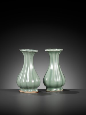 Lot 518 - A PAIR OF LOBED LONGQUAN CELADON VASES, MING DYNASTY