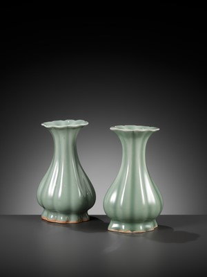 Lot 518 - A PAIR OF LOBED LONGQUAN CELADON VASES, MING DYNASTY