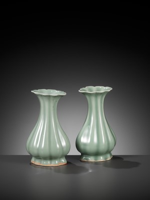 Lot 518 - A PAIR OF LOBED LONGQUAN CELADON VASES, MING DYNASTY