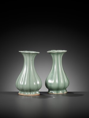 Lot 518 - A PAIR OF LOBED LONGQUAN CELADON VASES, MING DYNASTY