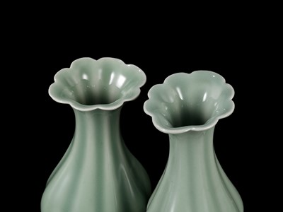 Lot 518 - A PAIR OF LOBED LONGQUAN CELADON VASES, MING DYNASTY