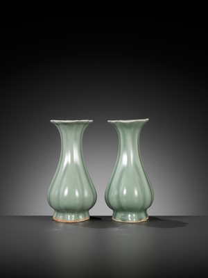 Lot 518 - A PAIR OF LOBED LONGQUAN CELADON VASES, MING DYNASTY