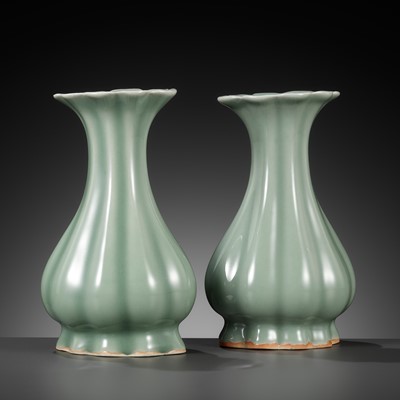 Lot 518 - A PAIR OF LOBED LONGQUAN CELADON VASES, MING DYNASTY