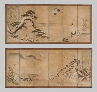 Lot 820 - A PAIR OF KANO SCHOOL SIX-PANEL ‘THREE FRIENDS OF WINTER’ BYOBU SCREENS