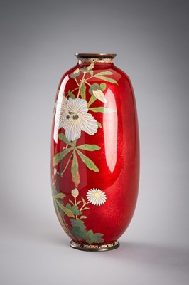 Lot 215 - A RED CLOISONNÉ VASE WITH ASTER AND HIBISCUS FLOWERS