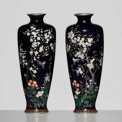 Lot 119 - A FINE PAIR OF MIDNIGHT-BLUE CLOISONNÉ VASES WITH SPARROWS AND SAKURA BLOSSOMS