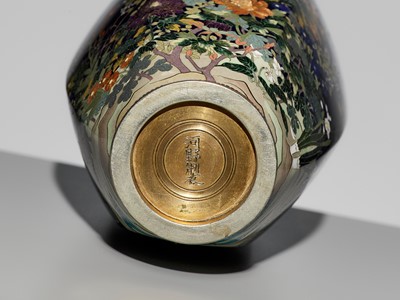 Lot 120 - KAWANO YOSHITARO: A SUPERB HEXAGONAL MIDNIGHT-BLUE CLOISONNÉ VASE WITH WISTERIA AND WILDFLOWERS