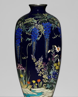 Lot 120 - KAWANO YOSHITARO: A SUPERB HEXAGONAL MIDNIGHT-BLUE CLOISONNÉ VASE WITH WISTERIA AND WILDFLOWERS