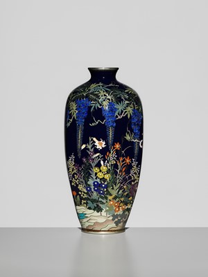 Lot 120 - KAWANO YOSHITARO: A SUPERB HEXAGONAL MIDNIGHT-BLUE CLOISONNÉ VASE WITH WISTERIA AND WILDFLOWERS