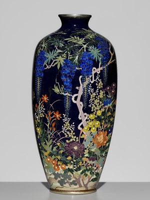 Lot 120 - KAWANO YOSHITARO: A SUPERB HEXAGONAL MIDNIGHT-BLUE CLOISONNÉ VASE WITH WISTERIA AND WILDFLOWERS