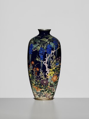 Lot 120 - KAWANO YOSHITARO: A SUPERB HEXAGONAL MIDNIGHT-BLUE CLOISONNÉ VASE WITH WISTERIA AND WILDFLOWERS