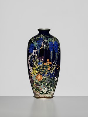 Lot 120 - KAWANO YOSHITARO: A SUPERB HEXAGONAL MIDNIGHT-BLUE CLOISONNÉ VASE WITH WISTERIA AND WILDFLOWERS