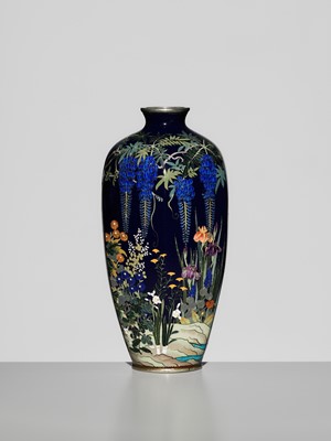 Lot 120 - KAWANO YOSHITARO: A SUPERB HEXAGONAL MIDNIGHT-BLUE CLOISONNÉ VASE WITH WISTERIA AND WILDFLOWERS