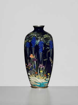 Lot 120 - KAWANO YOSHITARO: A SUPERB HEXAGONAL MIDNIGHT-BLUE CLOISONNÉ VASE WITH WISTERIA AND WILDFLOWERS