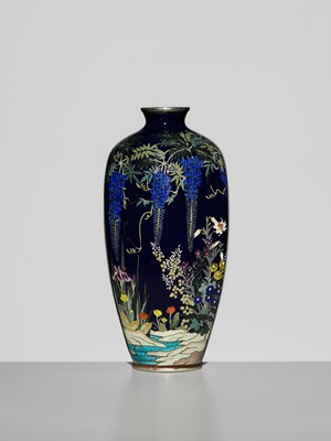 Lot 120 - KAWANO YOSHITARO: A SUPERB HEXAGONAL MIDNIGHT-BLUE CLOISONNÉ VASE WITH WISTERIA AND WILDFLOWERS