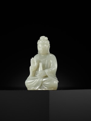 Lot 114 - A SMALL PALE CELADON JADE FIGURE OF GUANYIN, QING DYNASTY