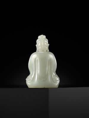 Lot 114 - A SMALL PALE CELADON JADE FIGURE OF GUANYIN, QING DYNASTY