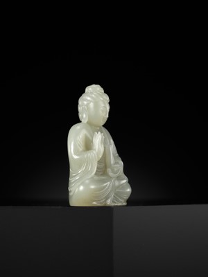 Lot 114 - A SMALL PALE CELADON JADE FIGURE OF GUANYIN, QING DYNASTY