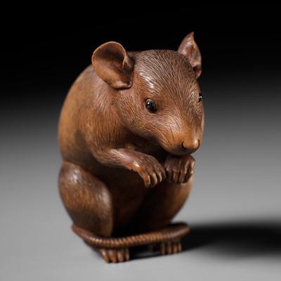 Lot 388 - SHOKO: A FINE AND RARE WOOD OKIMONO OF A RAT