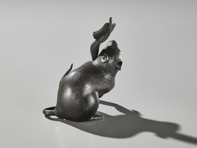 Lot 132 - A RARE BRONZE OKIMONO OF A RAT HOLDING A LOTUS ROOT