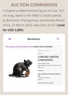 Lot 132 - A RARE BRONZE OKIMONO OF A RAT HOLDING A LOTUS ROOT