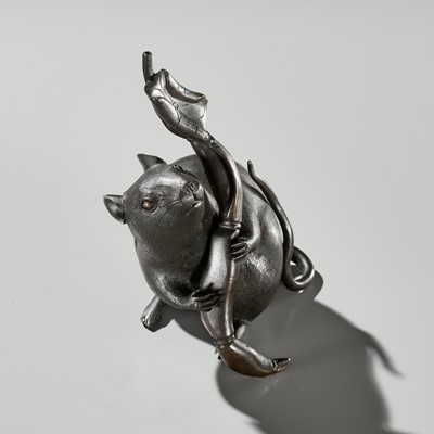 Lot 132 - A RARE BRONZE OKIMONO OF A RAT HOLDING A LOTUS ROOT