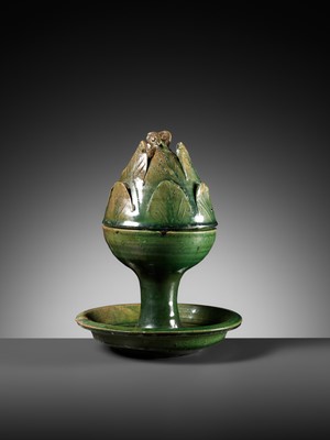 A GREEN-GLAZED ‘HILL AND OWL’ CENSER AND COVER, BOSHANLU, EASTERN HAN TO WESTERN JIN DYNASTY