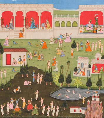 Lot 317 - A LARGE INDIAN MINIATURE PAINTING DEPICTING SCENES FROM THE LIFE OF KRISHNA