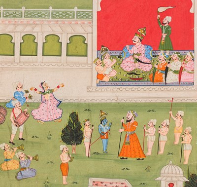 Lot 317 - A LARGE INDIAN MINIATURE PAINTING DEPICTING SCENES FROM THE LIFE OF KRISHNA