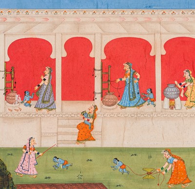 Lot 317 - A LARGE INDIAN MINIATURE PAINTING DEPICTING SCENES FROM THE LIFE OF KRISHNA