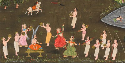 Lot 317 - A LARGE INDIAN MINIATURE PAINTING DEPICTING SCENES FROM THE LIFE OF KRISHNA