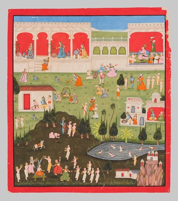 Lot 317 - A LARGE INDIAN MINIATURE PAINTING DEPICTING SCENES FROM THE LIFE OF KRISHNA