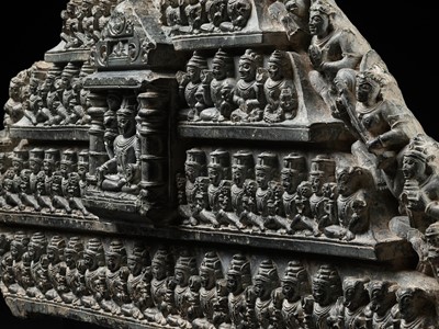 Lot 250 - A VERY LARGE AND MASSIVE GRAY SCHIST RELIEF WITH THE COSMIC VISHNU, NORTHERN INDIA, RAJASTHAN, 10TH-11TH CENTURY