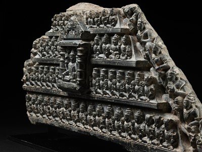 Lot 250 - A VERY LARGE AND MASSIVE GRAY SCHIST RELIEF WITH THE COSMIC VISHNU, NORTHERN INDIA, RAJASTHAN, 10TH-11TH CENTURY