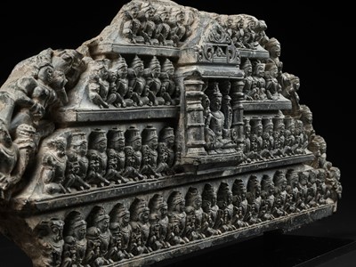 Lot 250 - A VERY LARGE AND MASSIVE GRAY SCHIST RELIEF WITH THE COSMIC VISHNU, NORTHERN INDIA, RAJASTHAN, 10TH-11TH CENTURY