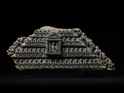 Lot 250 - A VERY LARGE AND MASSIVE GRAY SCHIST RELIEF WITH THE COSMIC VISHNU, NORTHERN INDIA, RAJASTHAN, 10TH-11TH CENTURY