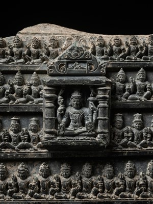 Lot 250 - A VERY LARGE AND MASSIVE GRAY SCHIST RELIEF WITH THE COSMIC VISHNU, NORTHERN INDIA, RAJASTHAN, 10TH-11TH CENTURY