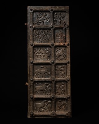 Lot 272 - A LARGE WOODEN TWELVE-PANEL DOOR, GOND TRIBE, EARLY TO MID-19TH CENTURY