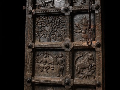 Lot 272 - A LARGE WOODEN TWELVE-PANEL DOOR, GOND TRIBE, EARLY TO MID-19TH CENTURY